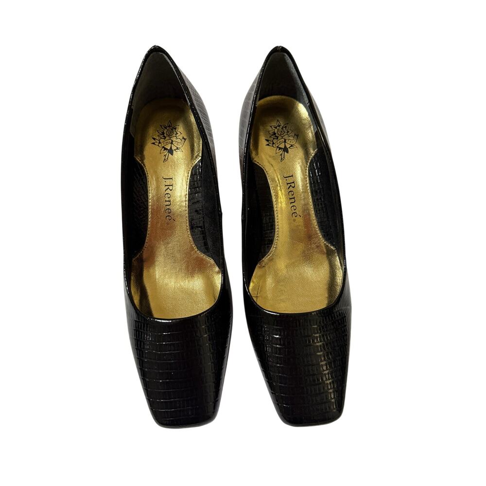 J. Renee Mary Black Lizard Embossed Pumps Square Toe Gold Band Heel Size 7W